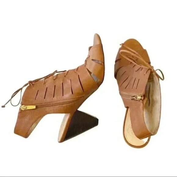 Vince Camuto Estie Leather Ankle Booties Peep Toe Heeled Lace Up Tan Brown 10 - Picture 8 of 14